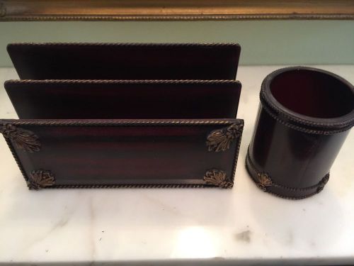 2 PC Desk Set, Letter Holder &amp; Pen/Pencil Cup Holder, Mahogany Plastic Acrylic