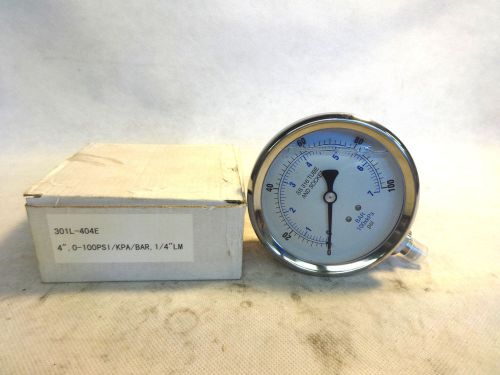 NEW IN BOX 301L-404E 4&#034; 0-100 PSI 1/4&#034; LM LIQUID FILLED SST GAUGE