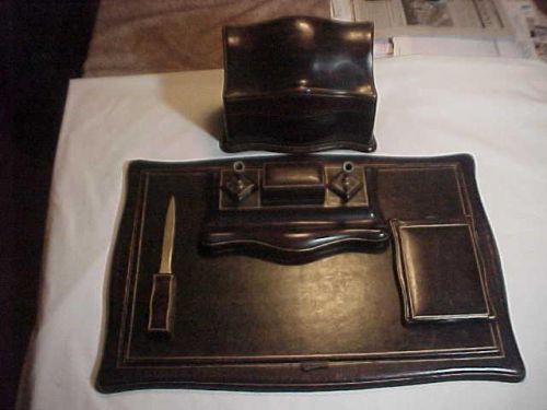 Vintage Desk Set 5 pc Leather Brown  Gold Embellishment