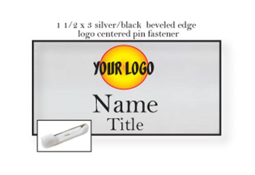 1 silver name badge color logo centered 2 lines of imprint pin fastener for sale