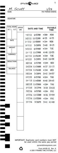 Pyramid 44100-10MB 1000 Count Time Cards for 4000 &amp; 5000 Time Clocks - Englis...