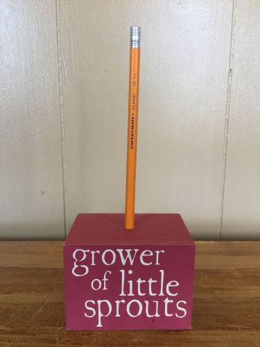 Kirklands Schoolteacher Pencil Holder Red Wood Block Grower Of Little Sprouts