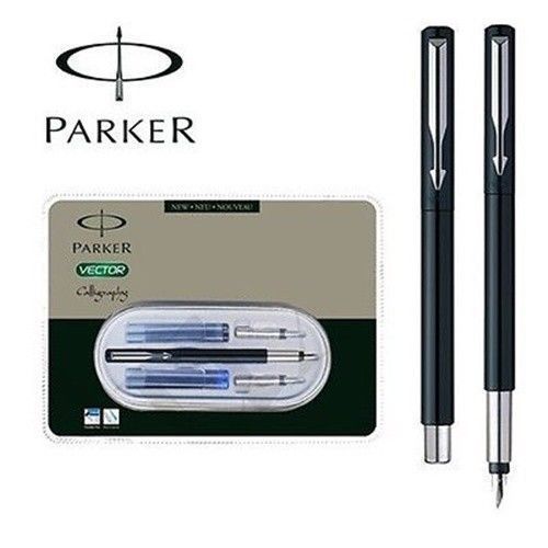 New Parker Vector Standard Calligraphy Chrome Trim Fountain Pen ( Black Body)