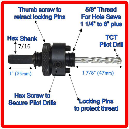 Holesaw Mandrel Arbor 5/8&#034; Thread A2 for Hole Saws 1 1/8-6&#034; TCT Pilot 7/16&#034; Hex