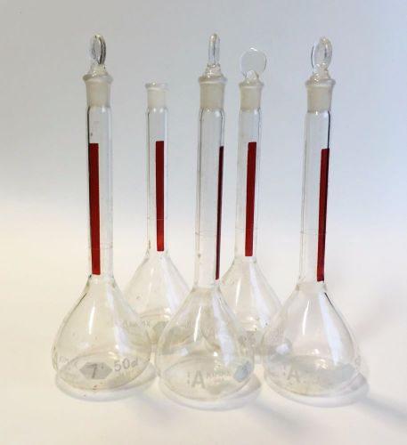 Lot of 5 vintage kimax usa no. 28013 50ml volumetric flasks laboratory glassware for sale