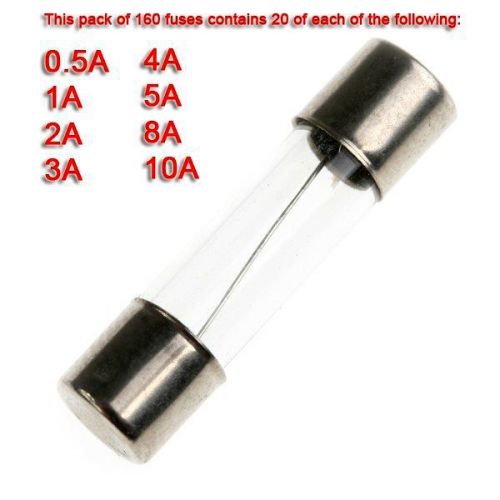 160 x Quick Blow Glass Fuses 20mm 1A 2A 3A 4A 5A 8A 10A