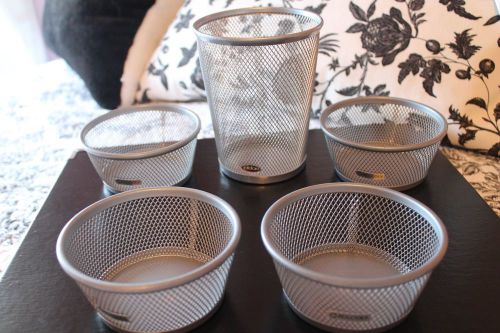 Rolodex Silver Gray Metal Desk Pencil Cup and Small Clips Cups - EUC!!