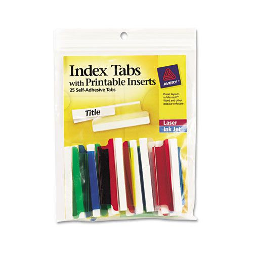 Self-Adhesive Tabs with White Printable Inserts, Two Inch, Assorted Tab, 25/Pack