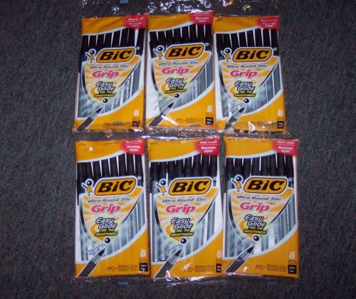 6 NEW PKGS BIC ULTRA ROUND STIC GRIP EASY GLIDE PENS - BLACK INK - 48 PENS