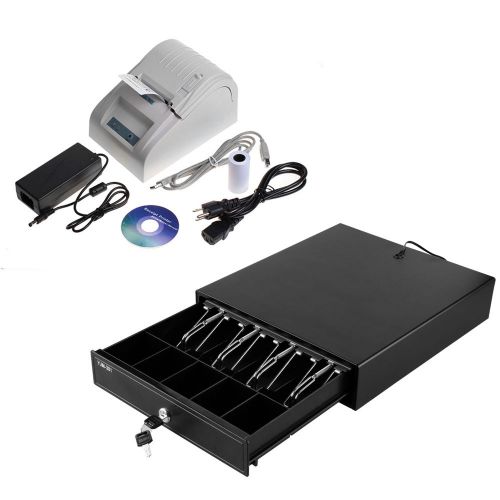 Cash Drawer 4 Bills 5 Coins Tray + Thermal Receipt Printer USB 58mm POS System