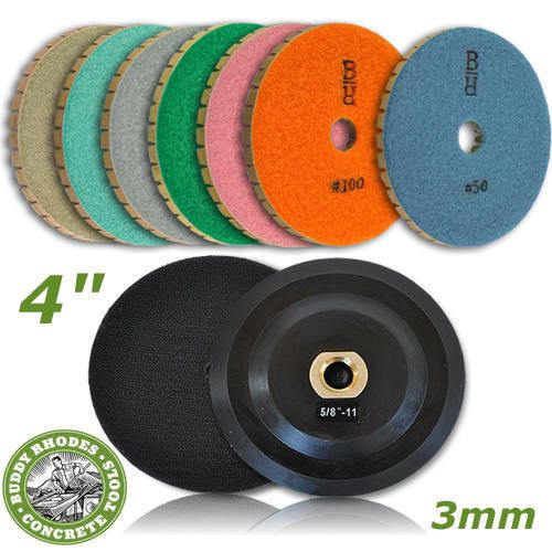 Buddy rhodes 4&#034; 8 pc 3mm thick wet concrete countertop diamond polishing pad set for sale