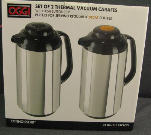 OGGI SET OF 2 THERMAL VACUUM CARAFES DECAF AND REGULAR IN BOX PUSH BUTTON TOPS