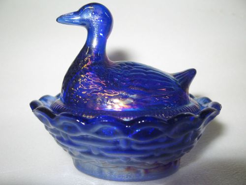 Cobalt blue Carnival glass salt cellar celt duck on nest basket / dip boyd swan