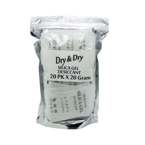 20 gram X 20 PK &#034;Dry &amp; Dry&#034; Silica Gel Desiccant - Reusable Dry Box Safe