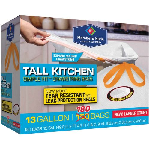 Member&#039;s Mark 13 gal. Tall Kitchen Drawstring Trash bags 180 ct