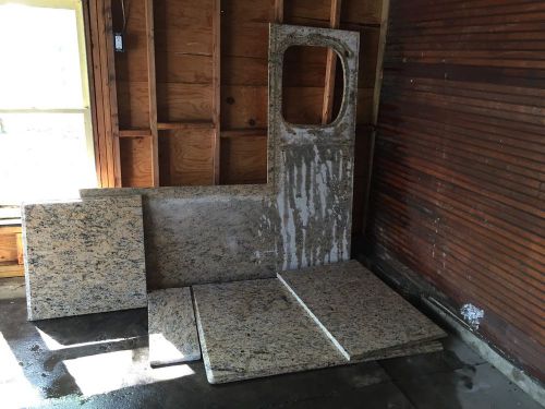 5 GRANITE SLABS OF VARIOUS SIZES. TAN BROWN WHITE BLACK SPECKLED.