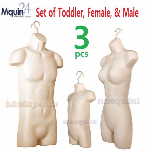 Set of 3 mannequins : flesh male female &amp; toddler body forms w/hooks for hanging for sale