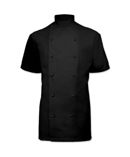 EXECUTIVE BLACK CHEFS JACKET, BANQUET COAT, BLACK POPPER BUTTONS, APRONS INS12h