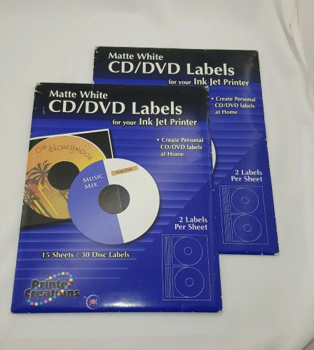 Matte white cd dvd labels set of 2 15 sheets 30 disc lables per pack ink jet for sale