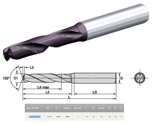 KENNAMETAL B225A15479HP KC7315 39/64&#034; DIA 15.479 MM (0.6094&#039;&#039;) SC DRILL OAL 133