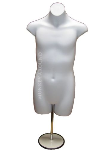 White mannequin teenage boy body form displays clothing w/hook hanging + stand for sale