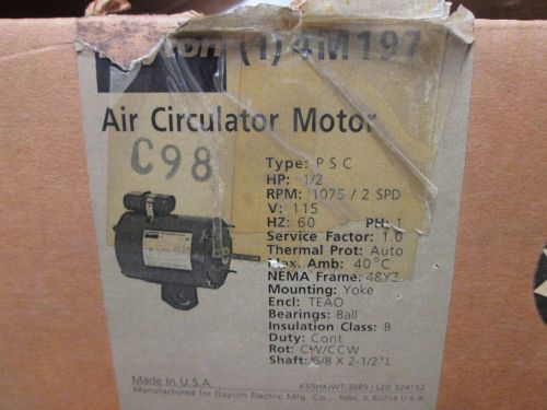 Dayton air circulator motor 2 speed model 4m197  hp 1/2  rpm 1075   frame 48yz for sale