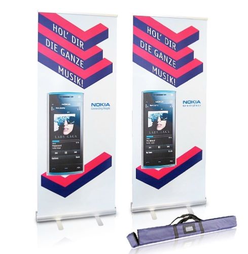 Retractable banner stand 33“ x 79“ + free custom print with blockout media for sale