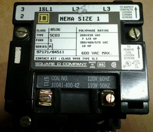 Square D 8536-SC03 Contactor 120Vac Coil 600v 10hp max  8536SC03