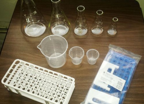 Lot of lab equipment karter erlenmyer flasks test tube racks karter beakers for sale
