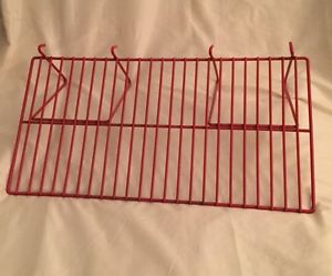 FOUR USED RED WIRE SLATWALL OR GRIDWALL SHELVES