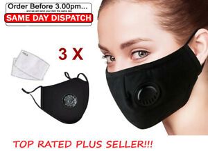 3x Adult Reusable Washable PM2.5 Respirator Anti-Fog Mask + 6 Carbon Filter Pads