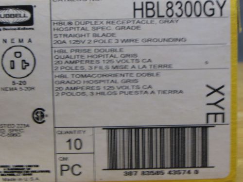 QTY(10) HUBBELL HBL8300GY GRAY HOSPITAL GRADE EXTRA HEAVY DUTY RECEPTACLES 20A