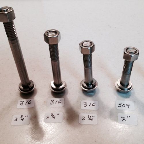 45 HEX HEAD BOLTS 3/8&#034;-16 S/S, W/NUTS / F/W, L/W, 9 LENGTHS, 5EA, 3/4&#034; TO 3 3/4&#034;