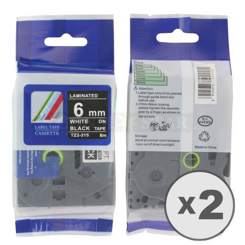 2pk White / Black Tape Label Compatible for Brother P-Touch TZ 315 TZe 315 6mm