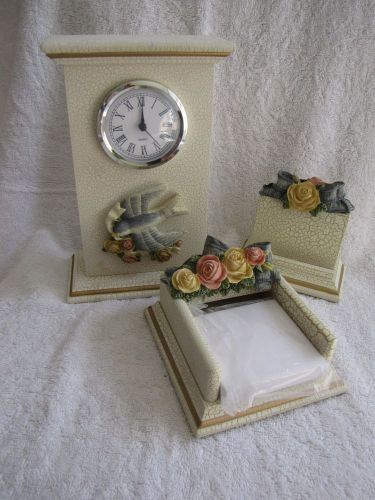 Bella Rosa 3 Peice Desk Set By Figi /w Clock, Business Card Holder &amp; Memo Holder