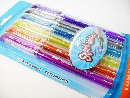 1 x 6 Pack STARLIGHTZ GLITTER PENS 0.7mm Comfort Grip Inc Bright Colors Cap Clip