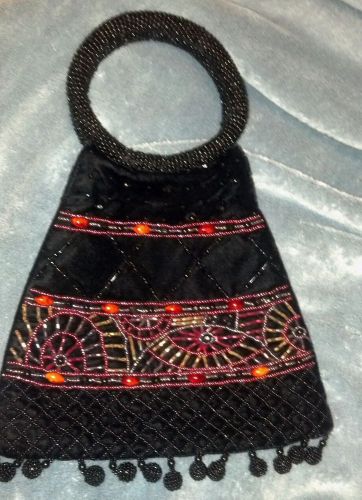 Velvet Beaded Evening Party Purse -Black/Red, Ring Handles, Dangle Balls handbag