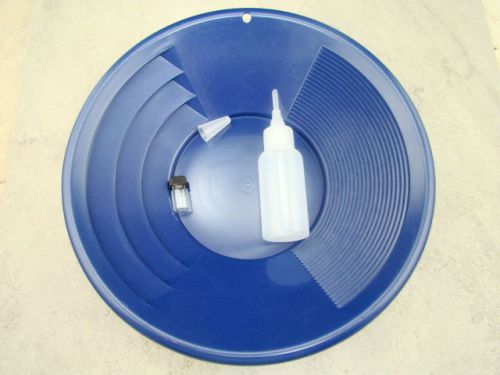 12&#034; blue gold pan - panning kit , bottle snuffer, &amp; vial - mining prospecting for sale