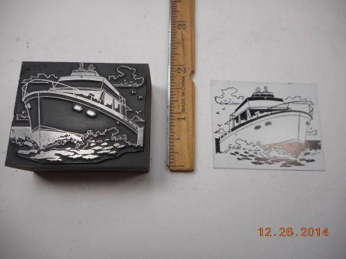 Letterpress Printing Printers Block, Couple atop Cabin Cruiser Boat