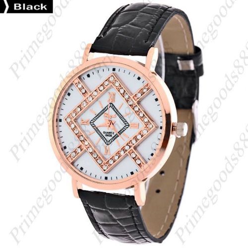 Diamond Shape Face Round Quartz PU Leather Lady Ladies Wristwatch Women&#039;s Black