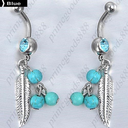 Navel Ring Rings Piercing Bellybutton Nail Rhinestones Leaf Piercing in Blue