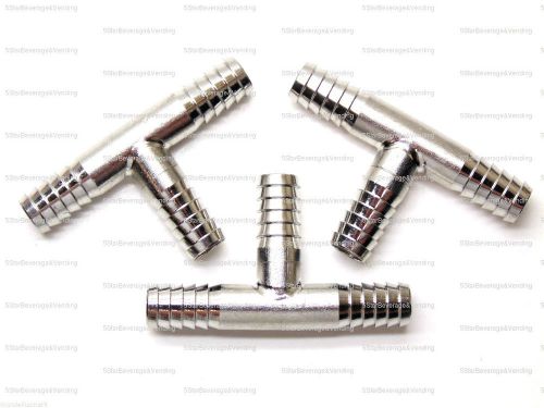 (3) FOOD GRADE STAINLESS STEEL 3/8&#034; BARB T TEE HOSE FITTINGS, ADAPTER, SPLICER