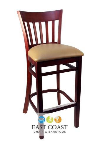 New Gladiator Mahogany Vertical Back Wooden Bar Stool with Tan Vinyl Seat