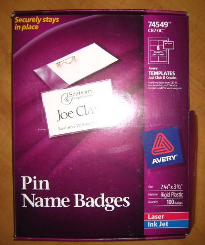 100 Pcs Box of AVERY PIN NAME BADGES 74549 CB7-07 2-1/4 X 3-1/2 Laser Jet Ink