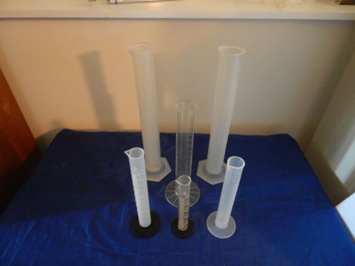 Lot of 6 Plastic Graduated Cylinders 50,100,250,500