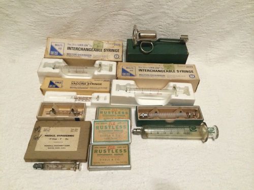 Lot of 7 vintage glass syringes needles insulin filler yale b-d eisele vet dr for sale