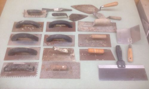 Assorted Lot (18) Drywall Mortar Cement Tile Brick Tools: Trowels ETC