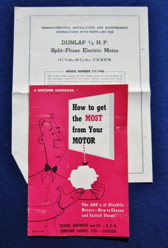 Sears dunlap 1/3hp splitphase electric motor instructions 1750rpm model 115.7448 for sale