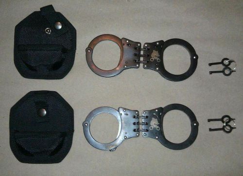 (2 SETS OF) BLACK HINGED DOUBLE LOCK POLICE HANDCUFFS W/ KEYS, and beltloop case