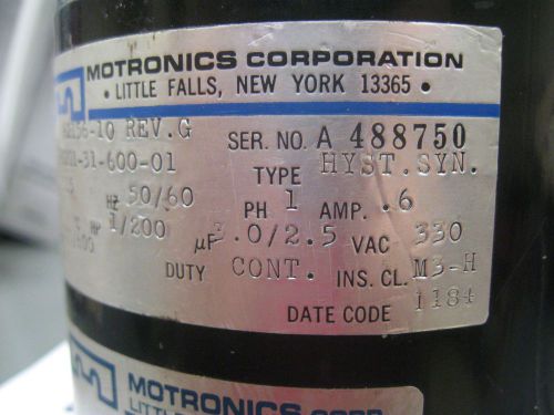 MOTRONICS  62156-10 REV.G MOTOR HYST.SYN 115V 1PH 500/600 RPM 1/200HP 3.0/2.5uf